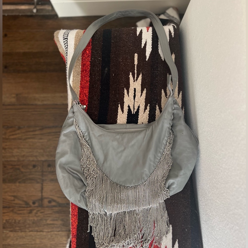 Grey leather Handbag with fringe